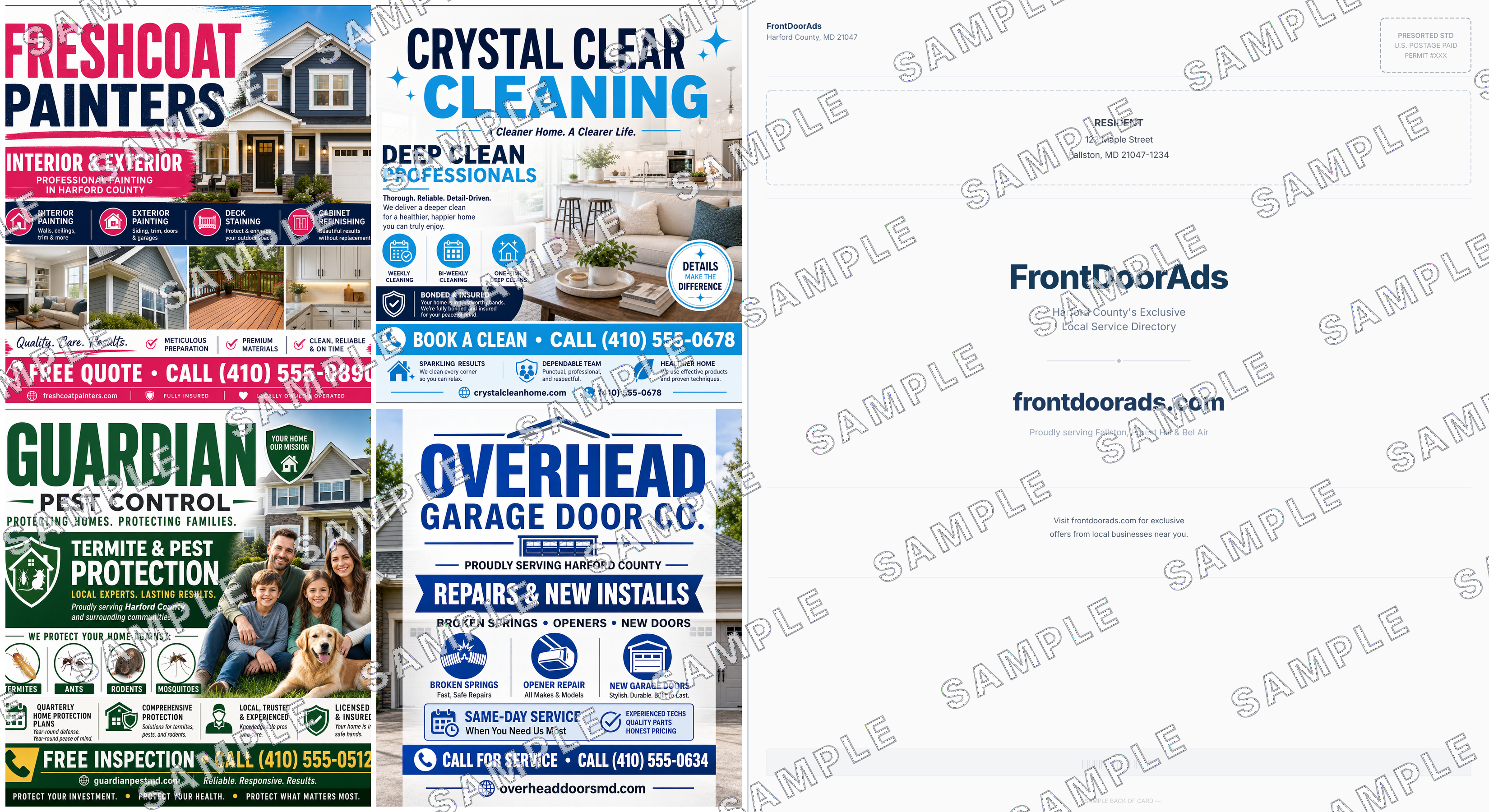 Back of a FrontDoorAds 6×11 postcard showing a 2×2 grid of AI-generated local business ads, FrontDoorAds branding, and USPS addressing zone