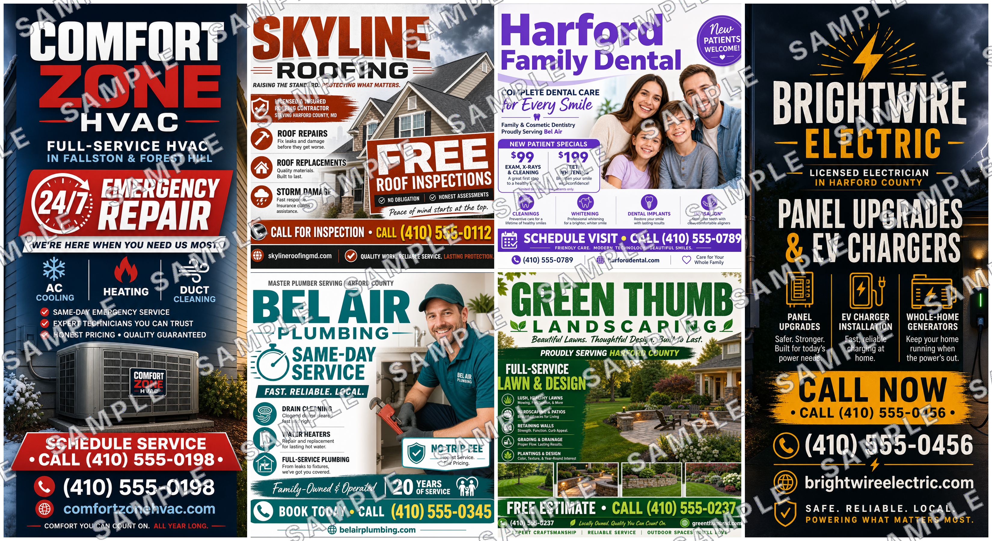 A FrontDoorAds shared 6×11 postcard front showing two tall featured ads (HVAC and electrical) flanking four standard ads — roofing, dental, plumbing, and landscaping — each with business name, offer, phone number, and call-to-action